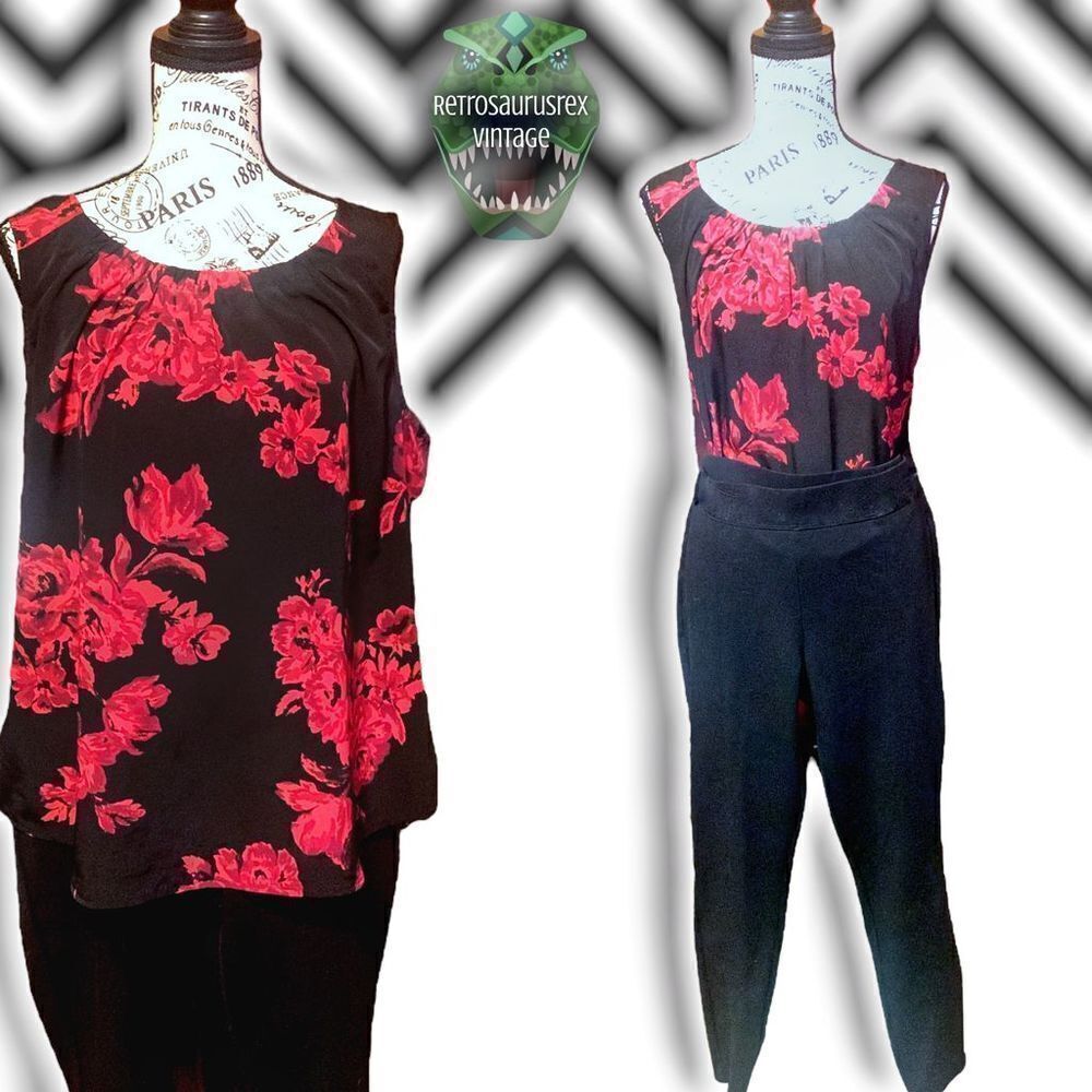 VINTAGE 00’s Gothic Career Red & Black Rose Plus Size Tank Top,XL Croft & Barrow